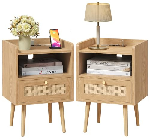 MECHYIN Night Stand Set 2, Nightstands Set of 2 with Charging Station, Rattan Side Tables with Solid Wood Legs, Boho Bedside End Table for Farmhouse Bedroom Dorm Small Space - Natural