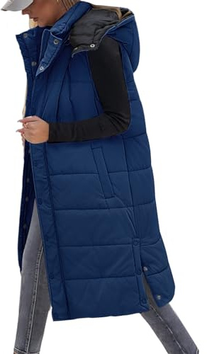 Tuopuda Chaleco Largo para Mujer de Capucha con Cremallera Chaleco Acolchado de Plumas Chaqueta de Invierno sin Mangas Abrigo de Cálidos on Bolsillos(Marina,XL)