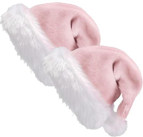 GDVONE Cappello Natalizio Cappello di Babbo Natale Ppeluche per Tutti Gli Adulti Accessori Natalizi per Feste Festive del Nuovo Anno (2pcs Rosa)