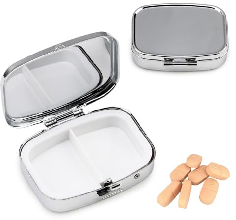 Pillendose Klein für Unterwegs,2 Stück Pillendose Metall mit 2 Fächern,Pillendose Mini Silber,Tragbare Tabletten Box,Medikamentenbox Klein für Pillen Vitamine Fischöl Nahrungsergänzungsmittel