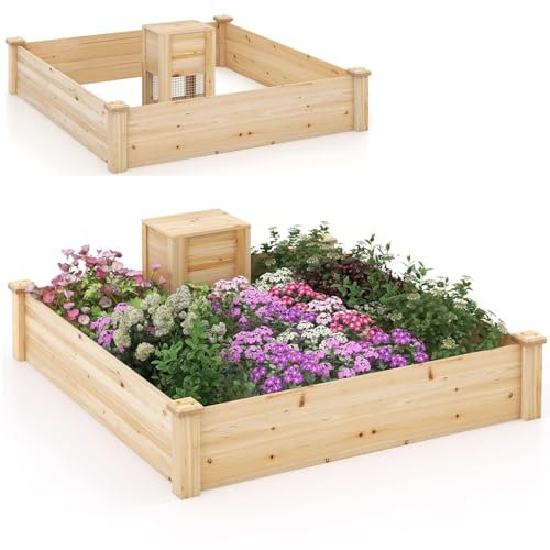 RELAX4LIFE Jardinère Surélevé 300L sans Fond avec Composteur en Bois de Sapin, Base Ouverte,Carré Potager Surélevé 124x124x25CM pour Culture de Vignes Fruits Légumes Fleurs Herbes, Naturel