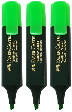Faber-Castell Textliner Classic Highlighter Pens, GREEN, Pack of 3, Chisel Tip (1-5.0mm), Fast-drying, Fluorescent Colours, Clear Marking, Ideal for School Office Home Use