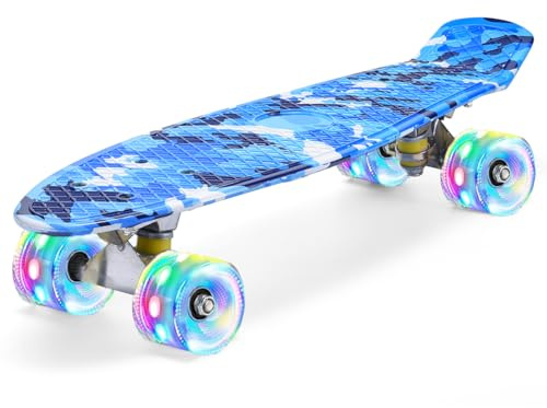 ERNAN 22 inch Skateboards for Kids,Cruiser Skateboard,Skateboards for Kids Teens Adults & Beginners, PU LED Flashing Wheels with All-in-One Skate T-Tool (Blues)