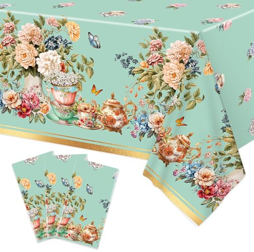 Lianxuia 3pcs Tea Party Tablecloth, 54 x 108 Inch Spring Floral Plastic Table Cover,Vintage Tea Party Decorations for Spring Garden Party, Baby Shower, Wedding, Girls Birthday Party Supplies