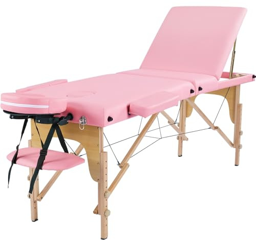 Yaheetech Table de Massage Pliable Lit de Massage 3 Zones Professionnelle Portable Charge 250 kg Hauteur réglable 213 x 80 cm en Bois de hêtre Rose