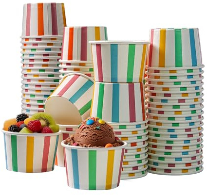 PakTalk 100 Stück Eisbecher Pappe, 135ml Kompostierbare Pappbecher mit bunten Streifen, Extra Stabil & Auslaufsicher für Eisdielen, Catering & Feiern