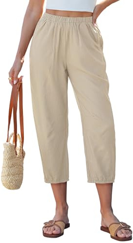 GRAPENT Light Weight Pants for Women Summer Womens Linen Capri Pants Khaki Large Fits US Size 12 to 14