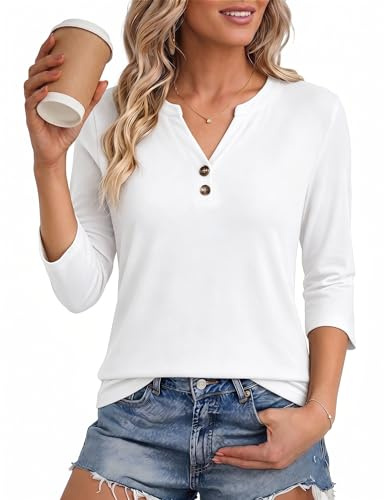 Aottori Camiseta Mujer Manga 3/4 Cuello Henley Botones Algodón | Look relajado, Oficina y ocio, Ropa casual, Ajuste cómodo, Estilo clásico, Cierre frontal, Uso diario, Moda urbana