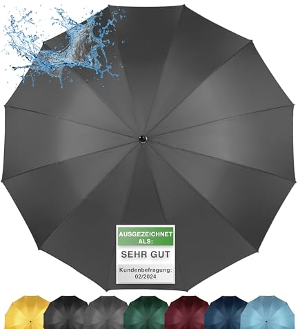 ADRIANO PORCARO® Regenschirm Sturmfest I Ø120cm Schirm I Regenschirm Groß XXL mit Reflektierendem Rand I 12 Streben Stockschirm I inkl. Schirmhülle - Für Herren & Damen I Grau