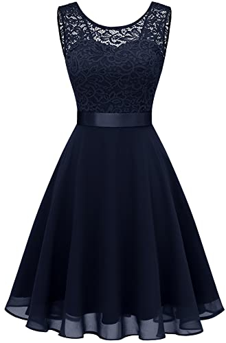 Berylove Femme Robe de Cocktail Courte Top Dentelle Jupe Mousseline Swing pour Bal Mariage BLP7005Navy XL