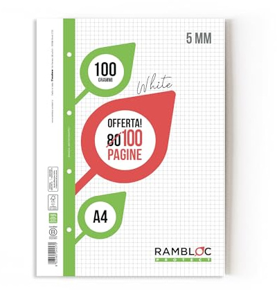 RICAMBIO A4 RINFORZATO Rambloc FSC 100 gr. Pacco da 4 Ricambi 5MM (400 pagine totali) Massima Durabilità e Qualità per Tutte le Tue Esigenze di Scrittura e Archiviazione