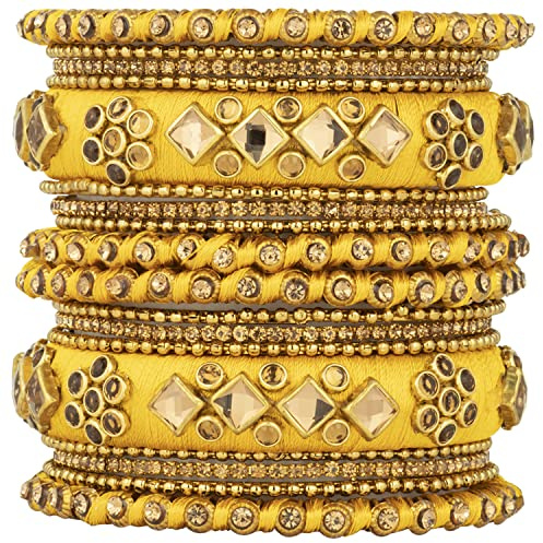 Aheli Ethnic Handmade Silk Thread Bangle Set Chudha Set Faux Stone Studded Indian Wedding Wear Bracelet Traditional Fashion Jewelry Gift for Women Yellow 2.8 Inch