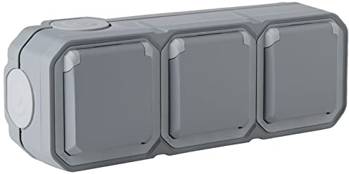 Legrand - Triple Socket with Waterproof Grounding Pre-wired with Perspex Flap 16A 250V Complete for Horizontal Mounting in Grey Surface Mount