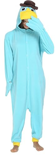LorranTree Schnabeltier Kostüm Onesie Perry Platypus Tier Kostuem Damen Herren Schlafanzug Weihnachten Karneval Einteiler YZS-Blue-L