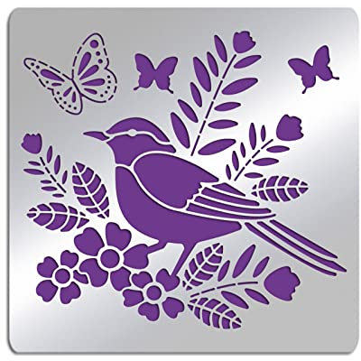 FINGERINSPIRE Stencil a forma di uccellino, in metallo, con motivo floreale, 15,6 cm, quadrato, con farfalla, per scrapbooking, disegni in acciaio inox, per incisione, pirografia, diario e agenda