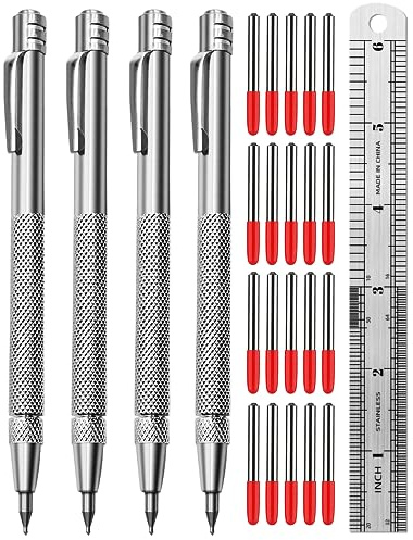 Tungsten Carbide Scriber, Knurled Aluminum Handle, 4-Pack with Bonus Marking Tips and Steel Ruler, Ideal for Detailed Crafting and Carving