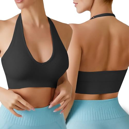 Soutien-Gorge de Sport Femme Dos Nu Sexy décolleté en V Profond Halter Neck Push Up Rembourré sans Armature sans-Couture Bra Confort Yoga Pilates Fitness