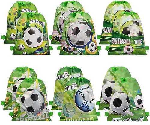 Wisebom Bolsas con Cordón para Fiesta de Fútbol, 12PCS Mochila de Fútbol de 34 x 27 cm Suministros para Fiestas de Cumpleaños para Niños Bolsas de Regalos Bolsa de Dulces(Verde)