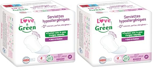 Love & Green Serviettes Ecologiques NUIT EXTRA LARGE - Certifiées Ecolabel - 9 Pièces - 0% colorant, parfum, allergènes (Lot de 2)