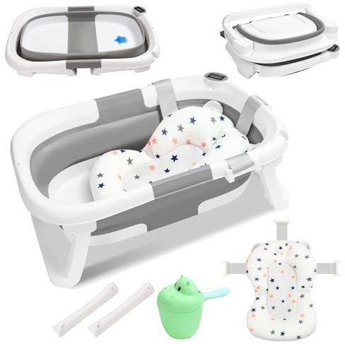 Ikodm Baby Badewanne Faltbare,Babybadewanne mit Thermometer | Badematte | tragbare Wanne für Neugeborene bis Kleinkinder mit rutschfester Matte und Abflussloch -Grau
