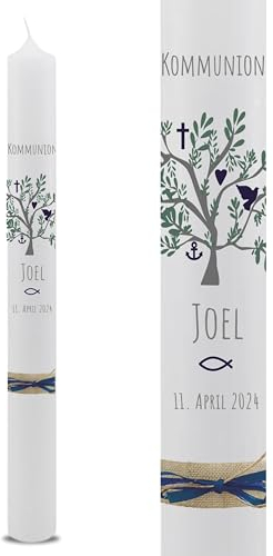 VILLA ROSA LOTTA – Personalisierbare Kommunionkerze Taufkerze „Joel“ mit Wunschdaten und Rückseite | Lebensbaum Motiv | 40 cm x 4 cm | für Jungen und Mädchen | Altarkerze elfenbein