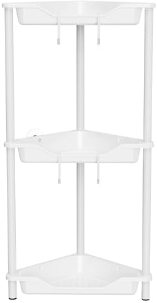 Orimade 3 Niveles Organizador de Ducha de pie,Organizador de Esquina de Piso de Empalme de Metal plástic Blancoo, Estante de Ducha sin taladrar para baño 10.8 x 10.8 x 27.7 Pulgadas