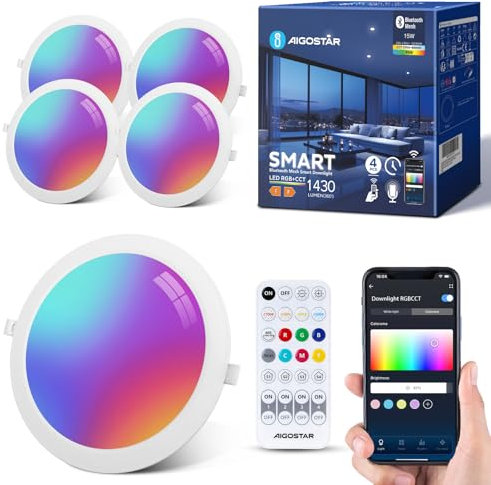 Aigostar Einbauleuchte Intelligente 15W LED Downlight Bluethooth Mesh, Dimmbar Deckenleuchtet Spot mit Fernbedienung Kompatibel mit Alexa, 1430LM RGB, Weißes Licht 2700K-6500K, Ф150-160mm,4 Stück