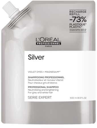 L'Oréal Professionnel Anti-Gelbstich Haarshampoo für weißes, graues & blondiertes Haar, Violett-Pigmente, Serie Expert, Silver Shampoo zum Nachfüllen, Refill, 500 ml