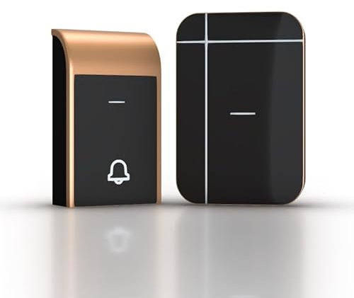 Timbre inalámbrico, frecuencia CC, color negro y dorado, ideal para alertas en hogar u oficina.
