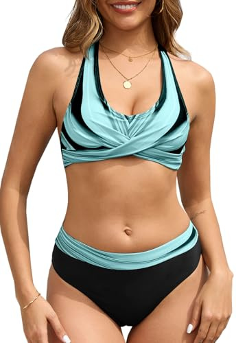 CheChury Maillots de Bain 2 Pièces Halter Col V Push Up Bikini Ensembles Deux Pièces Sexy Taille Haute Beachwear Élégant Vintage Ties-up Ensemble de Bikini Femme 2 Pieces,Bleu,XL