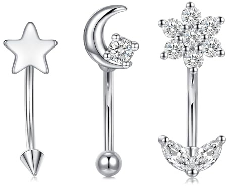 AVYRING Set di 3 piercing Rook in acciaio inox 16 G con motivo floreale, luna e stella, per sopracciglia, daith, elice, conch, trago e piercing per ombelico, Acciaio inossidabile