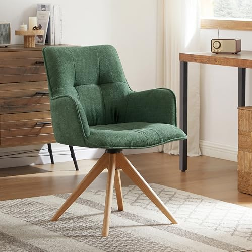 Zouron Chaise de Salle à Manger (Velours à Grains), Fauteuil Moderne (Pieds en chêne), Chaise de Bureau pivotante sans roulettes pour Usage Domestique (360°), Cuisine,Salon,Vert