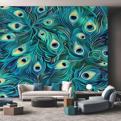 Peacock Feather Wallpaper - Peacock Feathers Blue Wall Mural - Wall Murals for Living Room Bedroom - Photo Wallpaper & Home Decor Art - 200 x 140 cm C599