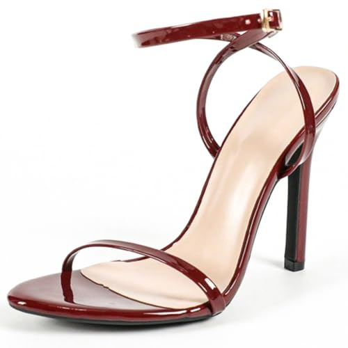 Wtharosa Sandales à Talon Haut Ouvert Femme Bride Cheville Stiletto Cuir PU Élégantes Confortables pour Soirées et Événements Non-Slip,Burgundy,36 EU