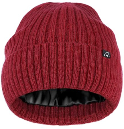 Hat Hut Bonnet d'hiver en Laine doublé de Satin avec Doublure en Soie Chaude en Tricot de Laine pour Homme et Femme, Wool Beanie Unisexe