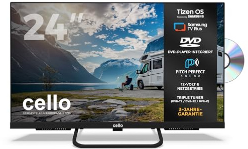 Cello Ctrav-24TZF 24 Smart LED 12V TV/DVD med Tizen OS (Samsung), Pitch Perfect-ljud, Netflix, Prime Video, Bluetooth, HDMI, USB, perfekt för husbilar, lastbilar & båtar