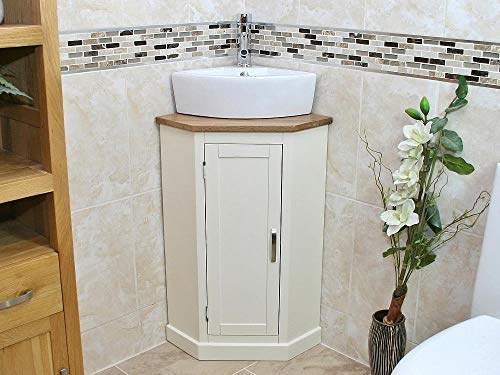 bathrooms & more store Cloakroom Corner Bathroom Vanity | White Unit Oak Top Ceramic Basin (Bowl A)