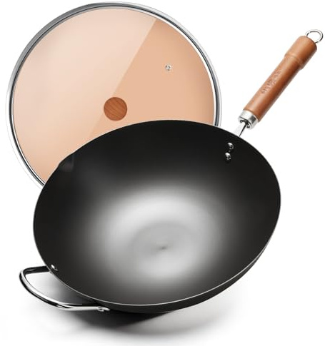 WANGYUANJI Iron Wok,12.59 inch Woks for Stir-fry, Chinese Stir Fry Pan Uncoated, Traditional Flat Bottom Iron Pot for Induction, Electric, Gas, Suitable for All Stoves(Pure Iron Wok)