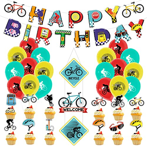 Decoraciones para fiestas de cumpleaños en bicicleta, incluidos pancartas, adornos para pasteles, globos, letreros colgantes Tema deportivo para bicicletas Suministros para fiestas (A)