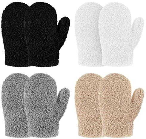 SATINIOR 4 Paires Gants Tricotés d'enfants Mitaines en Polaire pour Enfants Moufles d'hiver Tricotées Extensibles Moufles Chaudes d'enfants (Noir, Blanc, Kaki, Gris, 4-10 Ans)