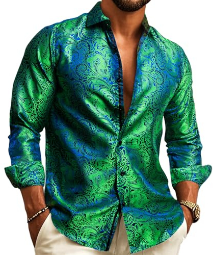 Barry.Wang Chemise habillée pour homme en soie cachemire à manches longues boutonnée pour mariage Coupe régulière Tops Disco Party, Vert et bleu sarcelle, Taille L