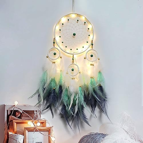 Hongyans Traumfänger mit LED Licht Handgefertigt Dreamcatcher mit Federn Böhmen Dekoration für Schlafzimmer Hochzeit Wandbehang Ornament Mädchen Kinder Geschenk