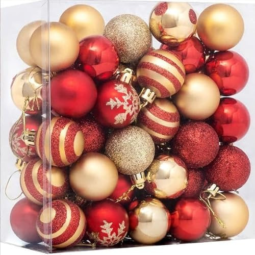 Set di palline di Natale in plastica CZMAO, 50 pezzi 4 cm, decorazioni per albero di Natale, decorazioni per albero di Natale con gancio, infrangibili, per interni ed esterni (Rosso e Oro, 50)