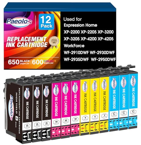 Paeolos Replacement for 604XL Ink Cartridges Compatibles for Epson Multipack Compatible with Expression Home XP-2200 XP-2205 XP-3200 XP-3205 XP-4200 XP-4205 Workforce WF-2910 WF-2930(12 Pack)
