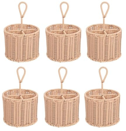 YöL Set of 6 Table Cutlery Rattan Wicker Basket Table Carry Handle Knife Fork Spoon Napkin Summer Outdoor Dining