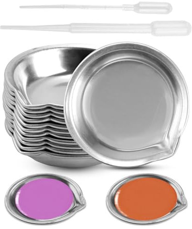 12 Pcs Metal Mixing Paint Palette, Stainless Steel Round Paint Tray Palette with 2 Droppers 5cm Diameter Small Mixing Palette Mouth for Makeup Paint Pigment Water Based DIY Art Craft Painting