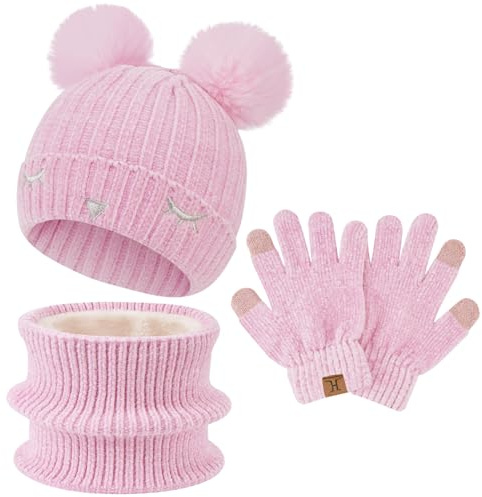 Bequemer Laden Bambino Bambina Invernale Termico Cappello Berretto Beanie con Pompom Sciarpa Scaldacollo in Maglia Guanti Touch Screen Set per 3-10 Anni Bambini