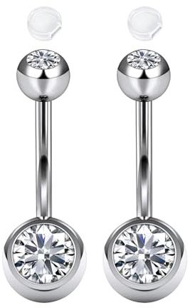 AceFun 14G Belly Button Bars Silver for Women Clicker Short Small Belly Bars 12mm with 2 Pieces Non Slip Silicone Cover Clear Cubic Zirconia Paved Curved Navel Rings Barbell Body Piercing Jewelry