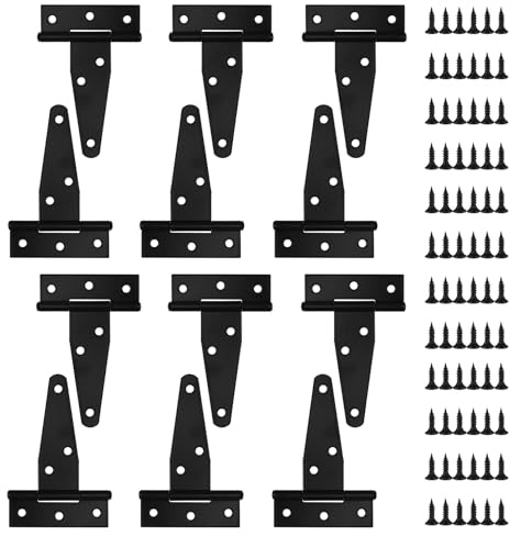Lot de 12 charnières de porte noires en T - Charnières de porte en métal - Charnières de porte pour portes de hangar, porte de grange, porte de jardin, porte de hangar