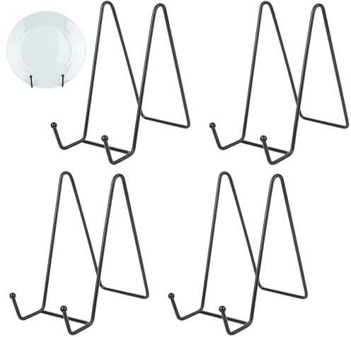 4 Pcs Soporte Platos Decorativos, 15 cm Caballetes Metalicos, Caballete Mesa de Exhibición de Metal para Libros, Lectura, Platos Decorativos
